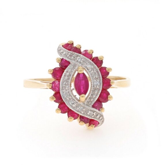 Yellow Gold Ruby Diamond Ring - 10k Marquise & Round .94ctw Swirl - Picture 1 of 6
